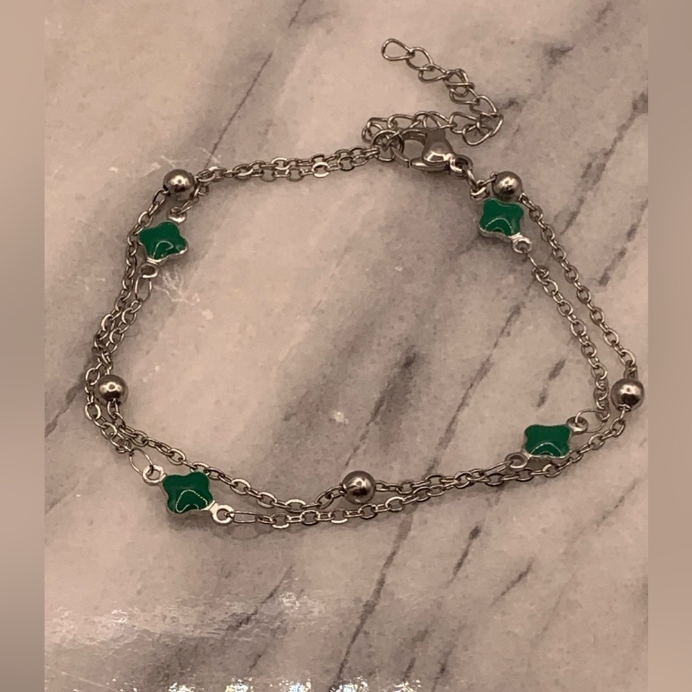 Stainless Steel Dark Turquoise Double Strand Clover Bracelet
